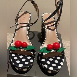 Betsey Johnson Black & White Polka Dot Platforms with Red Cherry Accent